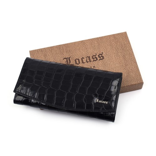 Veliki crni lak kroko ženski kožni novčanik - Model 164 